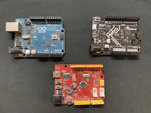 Adafruit Metro Express, Arduino UNO, and Seeed Seeeduino microcontroller boards